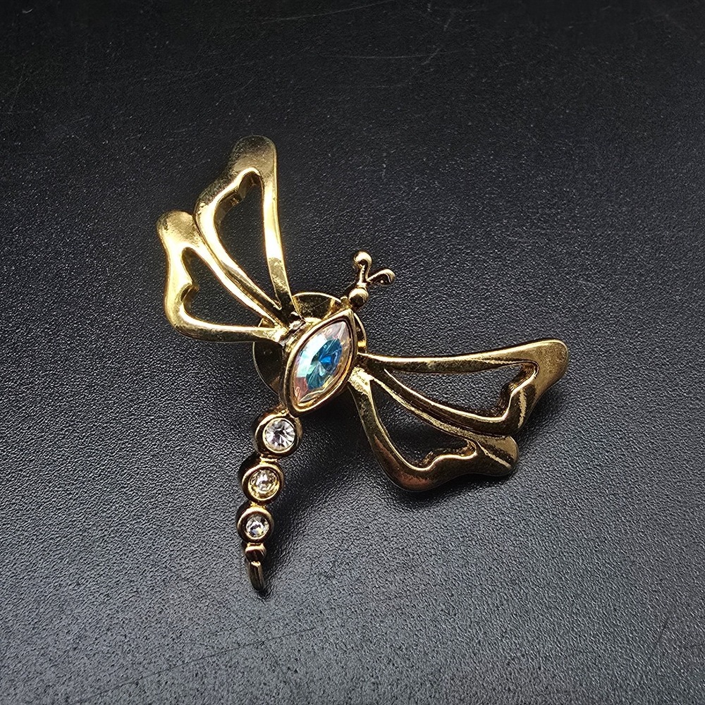 Avon Dragonfly Pin Gold Tone AB Rhinestone 1993 Nature's Garden